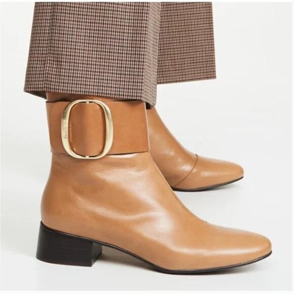 SEE BY CHLOE Hopper Leather Buckle Boots Block Heel Tan Brown Camel - Picture 1 of 9